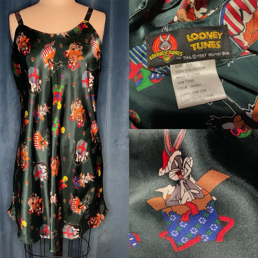 Vintage Christmas Looney Tunes Women’s Night Gown Pajamas Satin Sz Large 90’s